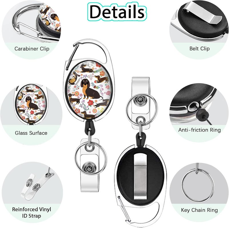 GIANCOMICS Cute Dachshund Badge Reels Retractable with Carabiner Reel Clip, ID Badge Holder Case with Detachable Lanyard Keychain, Nurse Doctor Office School Teacher Name Credit Card Pocket - Image 4